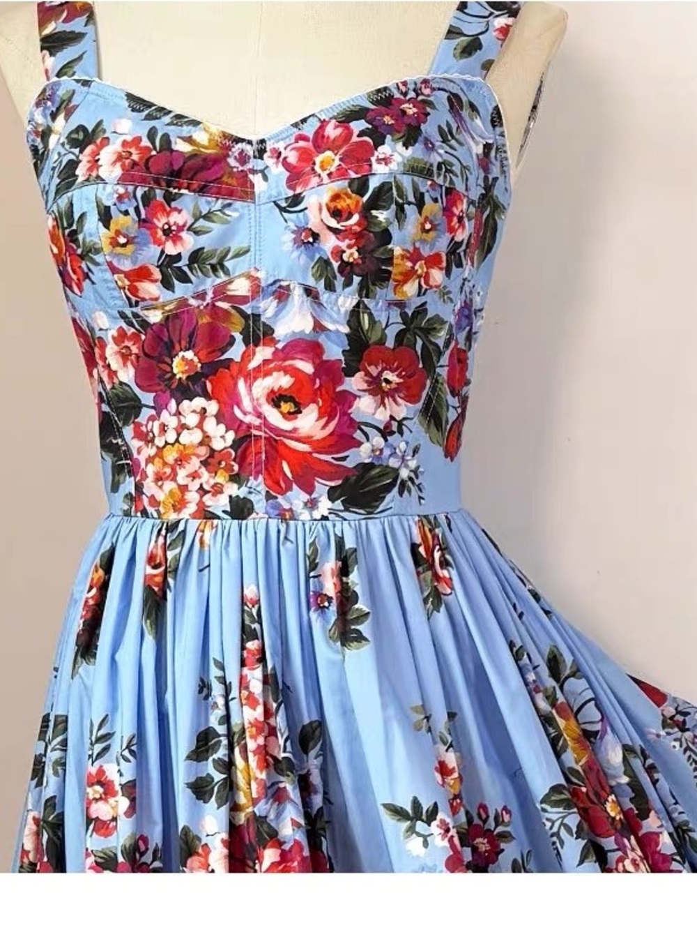 Luxury 100% Cotton Blue Floral Maxi Dress with Red Rose Print - Picture 3 of 14